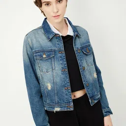 max Women Washed Polyester Denim Jacket with Embroidered-image-83
