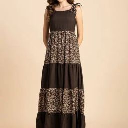 Moomaya Brown & Beige Floral Print Maxi Dress-image-10