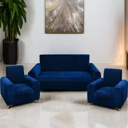 DECOR VATIKA Blue 3 Pieces Velvet Sofa Covers With Arms-picture-8