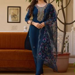 BlueRang Floral Embroidered Beads and Stones Chanderi Silk Kurta With Trouser & Dupatta-image-44