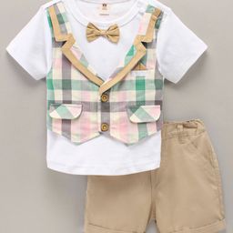 ToffyHouse Half Sleeves Checks Party T-Shirt With Shorts - Beige White-picture-31