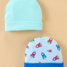Ben Benny Cotton Knit Space Rocket Print Baby Caps Pack of 2 Blue - Diameter 8 cm-image-16