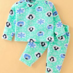 Kanvin Supersoft Extra Warm Velour Full Sleeves Winter Night Suit with Penguin Print - Mint Green-image-98