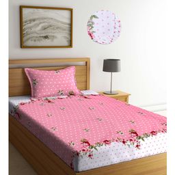 Arrabi Pink Floral TC Cotton Blend Single Size Fitted Bedsheet with 1 Pillow Cover- Multicolour-20