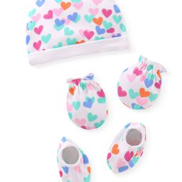Babyhug 100% Cotton Knit Cap Mittens & Booties With Heart Print - White-image-18