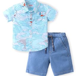 Babyhug 100% Cotton Woven Half Sleeves Dolphin print shirt & Denim Shorts With Stretch- Blue-image-14
