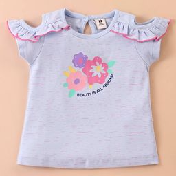 ToffyHouse 100% Cotton Knit Cold Shoulder Sleeves Top with Floral Print & Frill Detailing - Greyish Blue-picture-20