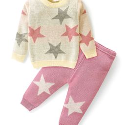 Babyhug Knitted Full Sleeves Baby Sweater Set with Star Design - Pink & White-image-5
