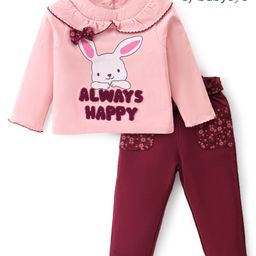 Babyoye Twill Knit Full Sleeves T-Shirt & Lounge Pants Set With Bunny Print & Text Embroidery - Light Pink & Maroon-image-42