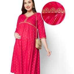 Bella Mama Viscose Woven Three Fourth Sleeves Floral Printed Maternity Kurta With Pocket - Red-picture-1
