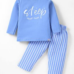 Teddy Sinker Knit Full Sleeves Striped & Text Printed Night Suit - Light Blue-picture-14