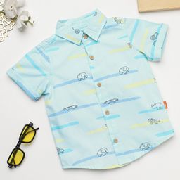Milou Cotton Half Sleeves Animals Printed Shirt - Light Green-image-100