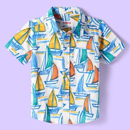 Babyhug Cotton Knit Half Sleeves Collar Shirt with Beach Theme Print- Light Blue & White-image-55