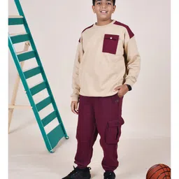 Kiddopanti Fleece Full Sleeves Pocket Detailed Cut & Sew Sweatshirt With Joggers Set - Beige & Maroon-picture-38