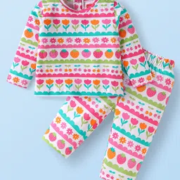 Babyhug Cotton Knit Full Sleeves Night Suit With Floral & Fruit Print - White-picture-0