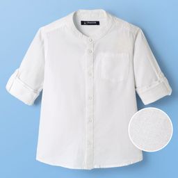 Pine Kids Linen Woven Mandarin Collar Solid Colour Shirt - White-image-4