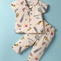 Smarty Girls 100% Cotton Half Sleeves Co-Ord Night Suit With New York City Theme Print - Baby Peach-image-13