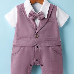 Mark & Mia Woven Half Sleeves Solid Party Romper With Attached Waistcoat & Bow - Purple-image-58