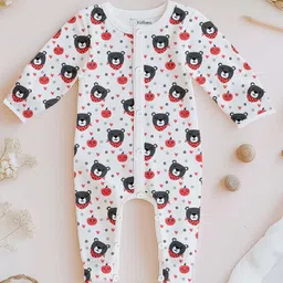 Kidbea 100% Organic Cotton Full Sleeves Bear Printed Romper- Grey-picture-19