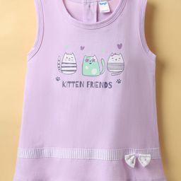 Tango Interlock Knit Sleeveless Frock With Cat Print & Bow Applique - Mauve-picture-1