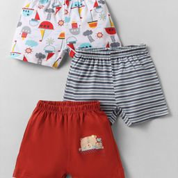 OHMS Single Jersey Knit Knee Length Shorts With Stripes & Nautical Theme Print Pack Of 3 - Red Grey & White-image-49