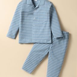 Ben Benny 100% Cotton Knit Full Sleeves Striped Co-Ord Night Suit - Light Blue-image-38