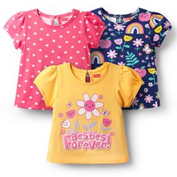 Babyhug 100% Cotton Knit Half Sleeves T-Shirts with Rainbow Floral & Polka Dot Print Pack of 3 - Pink & Navy Blue-image-79