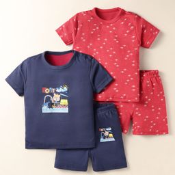 Kidi Wav Pack Of 2 Half Sleeves Hearts & Teddy Bear Printed Tees & Coordinating Shorts Set - Multi Colour-image-42