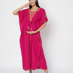 KOI SLEEPWEAR Knit Half Batwing Sleeves Floral & Paisley Embroidered Kaftan Maternity Nighty - Pink-image-49