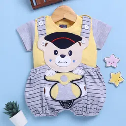 Jb Club Cotton Knit Half Sleeves Teddy Bear Patch Detailed Dungaree & Half Sleeves Tee Set - Yellow-picture-19