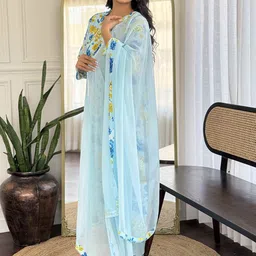 VARNI FABRICS Floral Printed Notch Neck Georgette Straight Kurta With Trousers & Dupatta-image-26