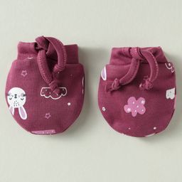Simply Interlock Knit Mittens and Booties With Bunny Print - Plum image 2