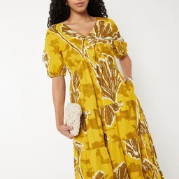 max Women Tropical Printed Tiered Puff Sleeve Fit & Flare Midi Dress-picture-21
