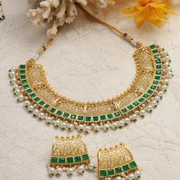 Moedbuille Handcrafted Filigree Work Green Stones & Pearls Studded Gold Plated Tassel Necklace Set-image-78