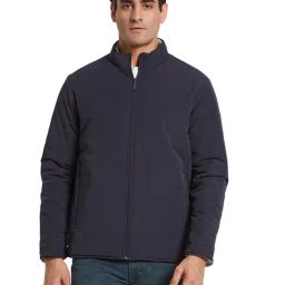 METTLE Navy Blue Regular Fit Solid Bomber Jacket-picture-24