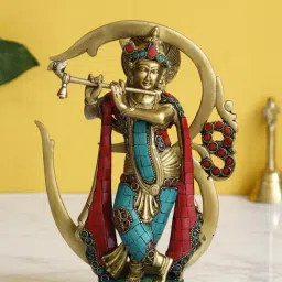 eCraftIndia Lord Krishna Playing with Om Idol Decorative Brass Figurine with Colorful Stone Work-image-4