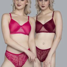 FIMS Fuchsia & Maroon Lace Work Bra Panty Sets - Pack Of 2-30