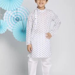 VASTRAMAY Kids White & Blue Cotton Printed Kurta Set-image-52