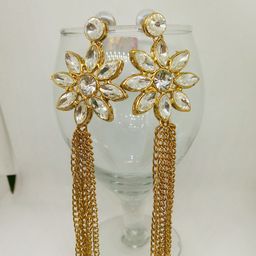 Dhivara Copper-Plated Artificial Stones Studded Tasselled Floral Shaped Drop Earrings-image-79