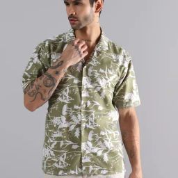 Tahvo Green Cotton Regular Fit Abstract Print Shirt-89