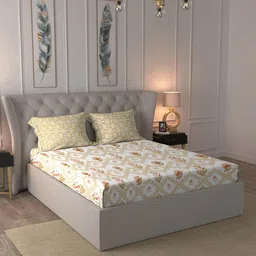MYTRIDENT Dusk and Dawn Yellow & White Floral Cotton Queen Bedsheet with 2 Pillow Covers-image-65