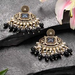Zaveri Pearls Black Stone Clustered Beads Drop Meenakari Kundan Dangler Earrings-13