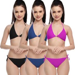 FIMS Black & Purple Plain Bra Panty Sets - Pack Of 3-image-83
