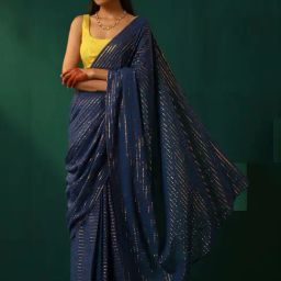 trueBrowns Royal Blue Cotton Gold Striped Ready To Wear Saree-picture-0