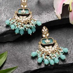 Zaveri Pearls Green Stone Clustered Beads Drop Statement Kundan Chand Bali Earrings-3