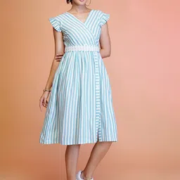 YANAMORA Women Striped Flutter Sleeve Fit & Flare Dress-image-88