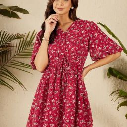 Marie Claire Maroon & White Floral Print Fit & Flare Dress-picture-25