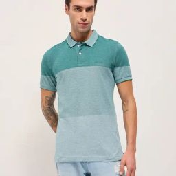 The Bear House Teal Blue Cotton Slim Fit Colour Block Polo T-Shirt-image-39