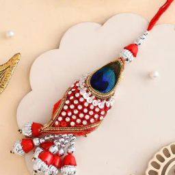 Aapno Rajasthan Red & Green Peacock Feather Style Lumba Rakhi-18