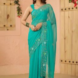Geroo Jaipur Turquoise Green Hand Embroidered Chiffon Saree-image-35